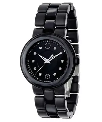 Ladies Cerena Movado Watch Black Diamond Dial Ceramic And Steel Bracelet 606693 • $464