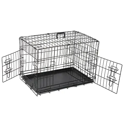 30  36  42  Dog Crate Kennel Folding Metal Pet Cage 2 Door With Tray Pan Black • $40.58