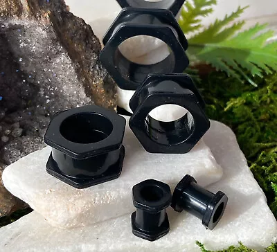 PAIR Black Hexagon Silicone Tunnels Double Flare Plug Earlet Gauges Body Jewelry • $10.95