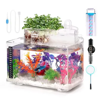 Betta Fish Tank Kit 3 Gallon Aquarium Self-Cleaning With LED Light Filter • $60.45