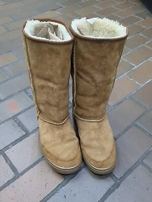 UGG Tasman Braid Boots  Sz 8 Chestnut Ultra Tall Suede Leather Fleece Lined • $49.99