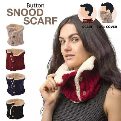 Unisex Infinity Cable Knit Neck Warmer Snood Button Scarf Sherpa Fleece Inside • £8.99