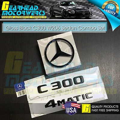 2022 W206 C300 Sedan Emblem 4MATIC Gloss Black Rear Star Badge Set Mercedes Benz • $65.99