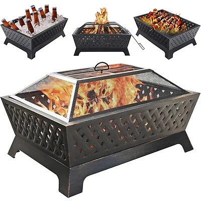 Outdoor Fire Pit Rectangular Metal Firepit Backyard Stove Wood Burning W/ Cover • $179.99