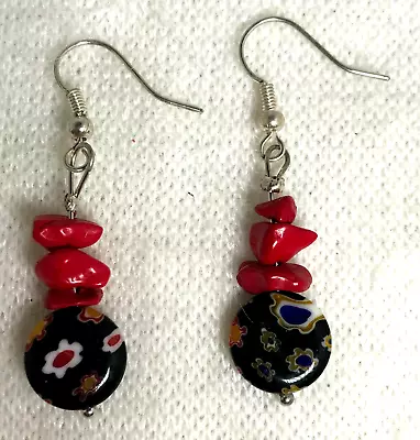 Handmade Earrings Boho Round Black Millefiori And Red Beads - 1 3/4  • $12.99