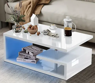 Wooden Coffee Table With Storage High Gloss Sofa End Table LED Light Living Room • £59.99