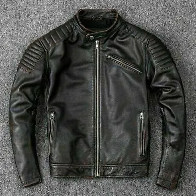 Mens Biker Vintage Motorcycle Distressed Black Cafe Racer Leather Jacket • $108.31