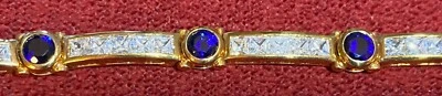 $23.99 • Buy Sparkling Gold Plate Tennis Bracelet With Sapphire Blue And White Crystals