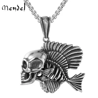 MENDEL Mens Stainless Steel Fish Bone Skeleton Biker Punk Skull Pendant Necklace • $11.99