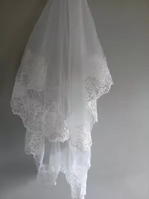 Wedding Veil White 2 Tier Fingertip Length Veil & Combslide Lace Edge V227 • £10