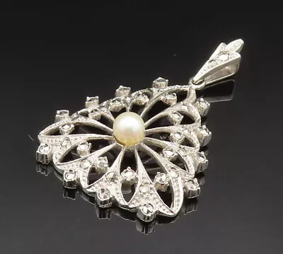 925 Silver - Vintage Cultured Pearl & Marcasite Tree Dome Pendant - PT20782 • $36.21