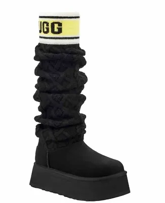 Ugg Classic Sweater Letter Tall Knit Suede Black Platform Boots Size 8 Women • $229.49