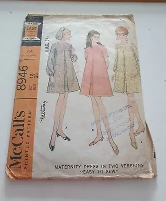 1960s McCalls 8946 Maternity Dress 2 Versions Size U.S 18 U.K 22 Bust 38 Pattern • £3.88