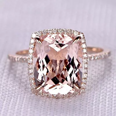 Natural Pink Morganite Diamond Engagement Lady Big Halo Ring Solid 14K Rose Gold • $830