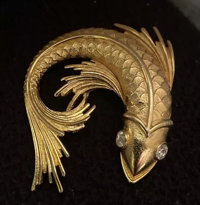 Vintage Monet Fish Pin Brooch Koi White Crystal Rhinestones Gold Tone • $24.95