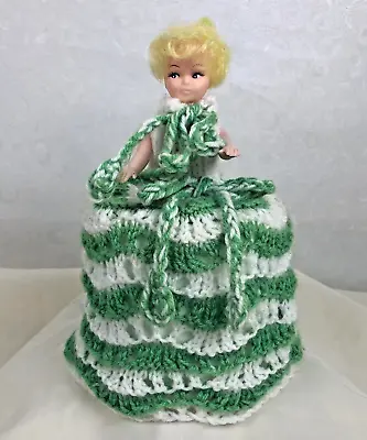 £8.99 • Buy Vintage Doll Toilet Roll Cover Hand Knitted Green And White Striped Dress Kitsch