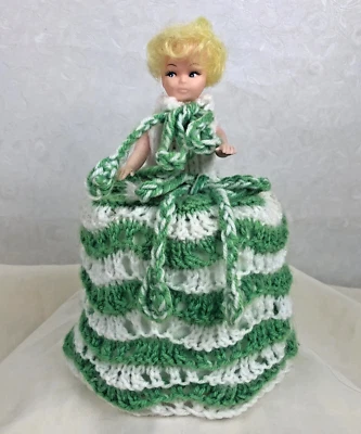 £8.99 • Buy Vintage Doll Toilet Roll Cover Hand Knitted Green And White Striped Dress Kitsch