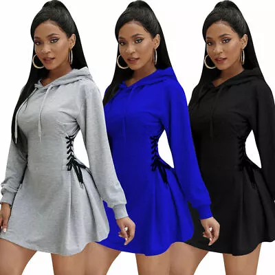 NEW Women Long Sleeve Sporty Hoodie Side Bandage Casual Bodycon Mini Dress • $29.99