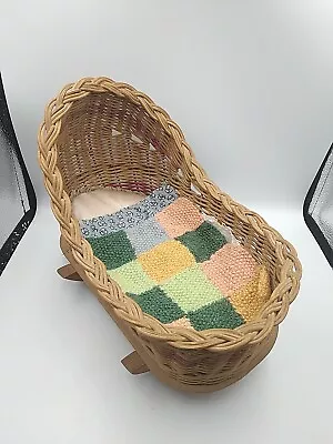 Vintage Wicker Basket Rocking Dolls Cradle Crib Original Hand Made Bedding • £30