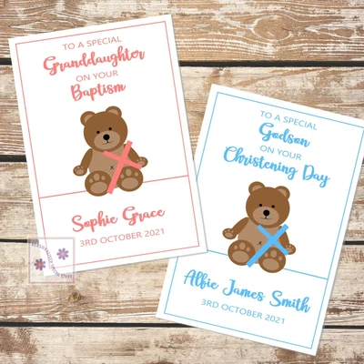 £3.25 • Buy Personalised Baptism Christening Card Boy Girl Teddy Cross