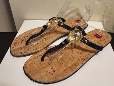 NWT Michael Kors Blue Thong W/Gld MK Logo PVC Flip Flop Sandals Cork Soles Sz.10 • $44.99