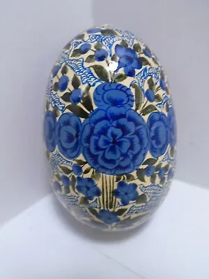Vintage Hand Painted Blue Flowers On Wood Egg Floral Easter 3  Tall • $12.19