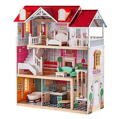 Wooden Dolls House For Girls Large Dollhouse Toy For Kids With • £102.99