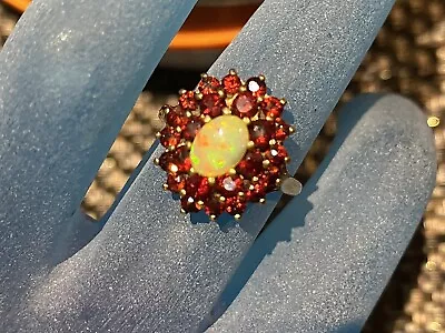 A Fantastic 9ct Gold Fire Opal And Garnet Stone Cluster Ladies Ring Of Size P • £195