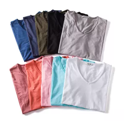 Mens V Neck T Shirt Short Sleeve Slim Fit Casual Plain Tee Top Soft Cotton • $13.98