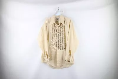 Vintage 60s Streetwear Mens 16 32 Ruffled Disco Tuxedo Button Shirt Beige USA • $62.95