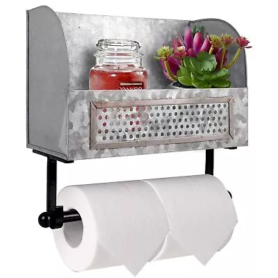 Farmhouse Galvanized Toilet Paper Holder With Shelf – Durable Wall Mount Tiss... • $37.84