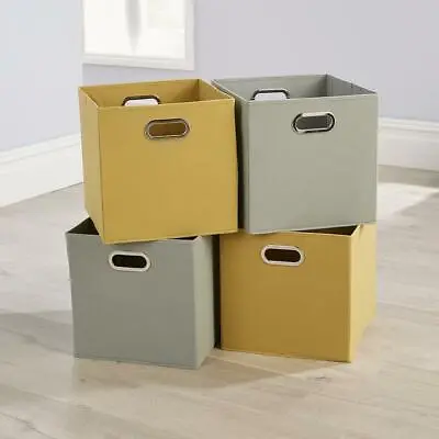 Large Grey Yellow Foldable Canvas Storage Folding Box Fabric Cube 4 Piece Set • £19.99