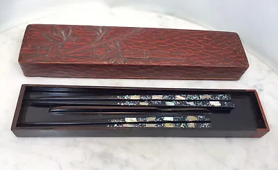 VTG Japanese His & Her Abalone MOP Inlaid Lacquer Wood Chopsticks Box Set Unused • $75