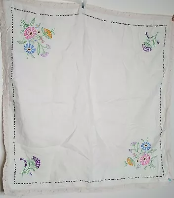 Vtg Hand Embroidered Crochet Hem Tablecloth Beige Multi Color Floral  • $17