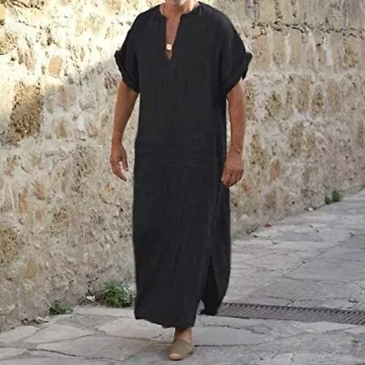 Men's Caftan V-Neck Short Sleeve Robe Side Split Cotton Gown Black Medium • $19.99