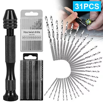 31Pcs Mini Micro Hand Drill Bits Set Small Manual Keyless Chuck Pin Vise Rotary • $10.48