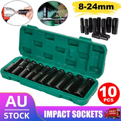 $18.85 • Buy 10x 1/2  Drive Air Deep Impact Sockets Steel Metric Socket Set 8-24MM Garage Kit