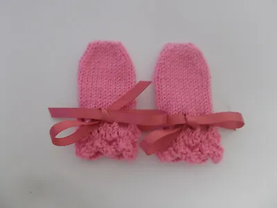 Hand Knitted Baby Mittens Ribbon Tie 0-3 Months Pink • £1.50