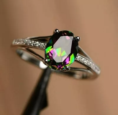 925 Sterling Silver Oval Cut Mystic Topaz Gemstone Prong Set Cubic Zirconia Ring • $32.99