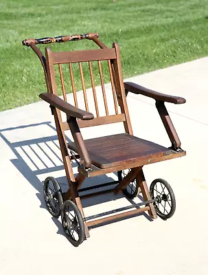 Antique Wheelchair Medical Oak Folding Wood Chair Cart Childs Oddity Vintage • $450