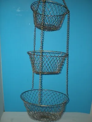 34  X 10  Vtg Three 3 Tier Brass Wire Mesh Hanging Fruit & Vegetable Baskets • $26.92