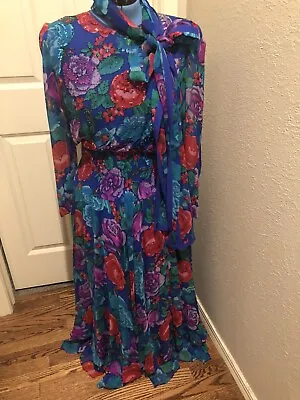 Vtg Diane Freis Original Silk Georgette Long Tiered Dress Sequins &  Scarf • $69.50