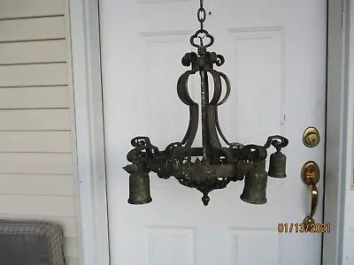 Gothic / Art Deco 5 Light Antique  Hammered Cast Metal CHANDELIER - Brass ? • $79.99