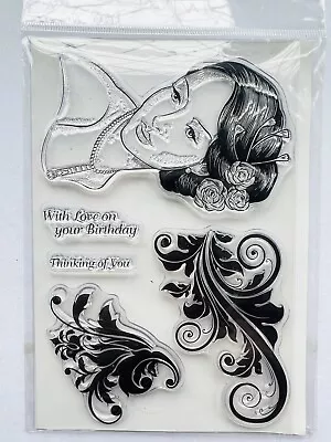 Kanban Clear Acrylic Stamps. Lady Flourish Birthday Elegant • £0.99