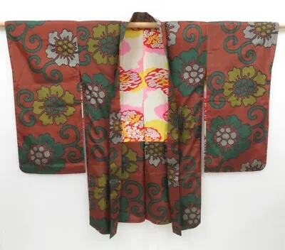 3410T12z410 Vintage Japanese Kimono Silk MEISEN HAORI Flower Brown • $79