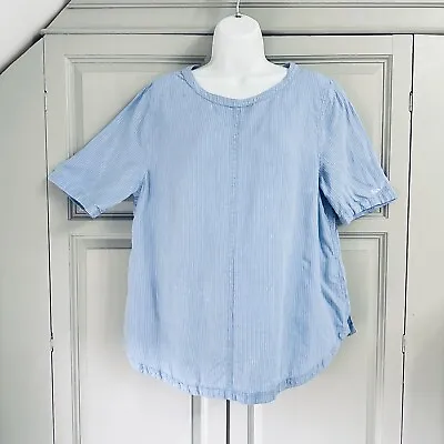 M&S Pure Flax Linen Top Shirt Blouse Blue White Stripe Size 16 Lagenlook Quirky • £18