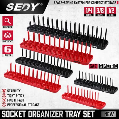6pc Socket Organizer Tray Set Hold 90 Metric 80 SAE Socket 1/4  3/8  1/2  Drive • $29.99