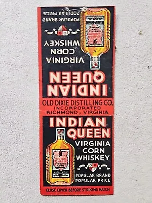 Rare Indian Queen Virginia Whiskey Old Dixie Distilling Vintage Matchbook Cover  • $14