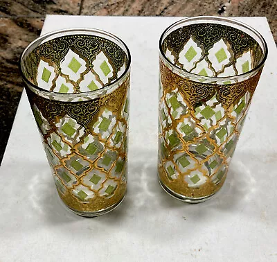 Pr. Of Vintage Culver Valencia Glasses  MCM 22kt Gold & Green Diamonds 5.6” Tall • $22.95