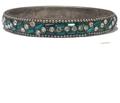 Vintage Silver Tone Pave Emerald Rhinestone Art Deco Bangle Bracelet • $32